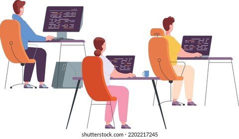 Programmers working at computers desks. Office team workplace isolated on white background