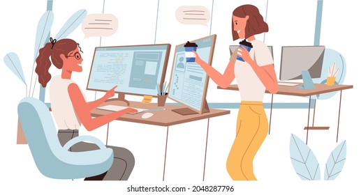 Programmers working concept in flat design. Women developers work in office, discuss te project, drink coffee in office. Employee workplace, creates software and apps people scene. Vector illustration