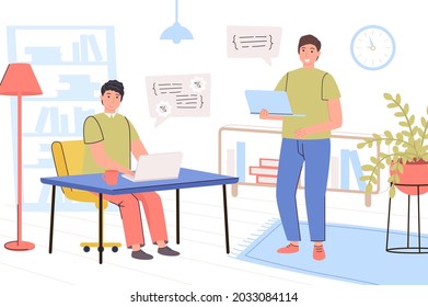 Programmers working at office concept. Developers team work on laptops, program in different languages, write code, optimize programs, creating software. Vector illustration in trendy flat design