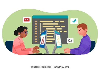 Programmers working in office. Man and woman write code, application development. Technical support, colleagues, employees, seo specialists. Cartoon vector illustration isolated on white background