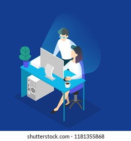 Programmers working on the computer in the office. Man helps woman. Business team brainstorming. Vector isometric illustration