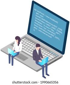 Programmers working on computers. Programming or coding concept. Cartoon characters work with laptops, create program code. IT specialists are engaged in programming. Teamwork with coding and programs