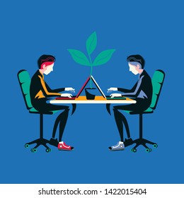 Programmers working on laptops in the office. Freelancers are creating a new digital project. Businessmen work as a team. Vector concept illustration in flat style.