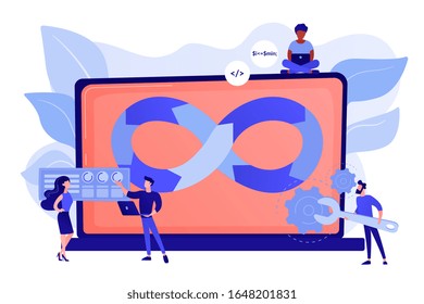 Programmers working on project. Website development methodology. Technical support. DevOps team, software development team, DevOps workflow concept. Pinkish coral bluevector isolated illustration