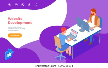 Programmers working on web development. Office employees at workplace are programming. Overworked characters sitting with computers. Development of website concept. Webpage landing page template