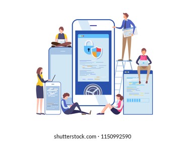 Programmer's working with smartphone application. Flat cartoon miniature  illustration vector graphic on white background.
