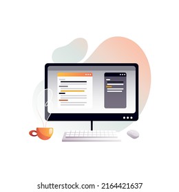 Programmer's workplace, monitor with program code. Isolated vector illustration.