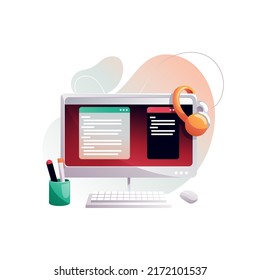 A programmer's workplace, a monitor with program code and messengers. Isolated vector illustration.