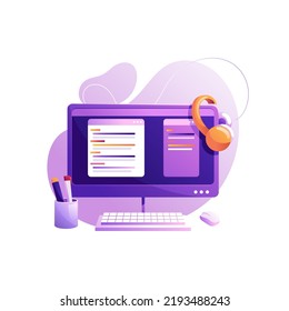 A programmer's workplace, a monitor with program code and messengers. Isolated vector illustration.