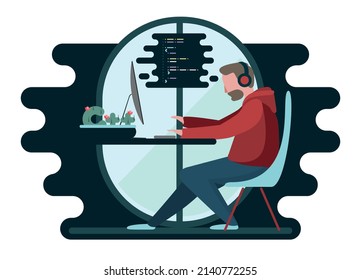 Programmer's workplace. Programing. C++. Working in office.