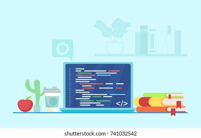 Programmer's workplace. Writing code on a laptop. On the table, coffee, books, snacks and cactus. Vector flat ilustration