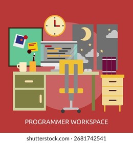 A programmer's workspace is depicted with a desk, computer, chair, and clock, suggesting a late-night coding session.