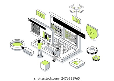 Programming 3d isometric concept in outline isometry design for web. People working with code at laptop screen, creating software, prototyping and making optimization programs. Vector illustration.