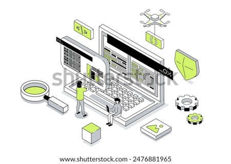 Programming 3d isometric concept in outline isometry design for web. People working with code at laptop screen, creating software, prototyping and making optimization programs. Vector illustration.