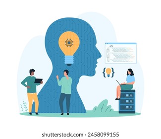 Programming with AI, machine learning. Tiny people and digital brain with circuit and light bulb inside coding software and engineering, automation of programmers work cartoon vector illustration
