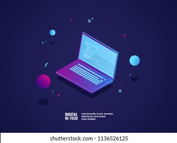 Programming of application and software development concept, laptop with program code on screen, vector illustration isometric neon dark ultraviolet Programming of application and software development concept, laptop with program code on screen, vector illustration isometric neon dark ultraviolet