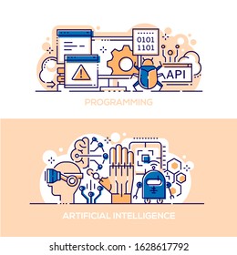 Programming and artificial intelligence banner templates set. Modern computer technology symbols line illustrations with typography. Software development, coding. Machine learning, neural networks