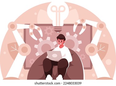 Programming automation processes. Project management, software development. Work organization. Automated business system concept with computer that builds robot arms