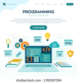 Programming banner, coding, best programming languages. Development and software concept. Computer code with windows on laptop screen. Workplace and working on laptop. Flat vector illustration.