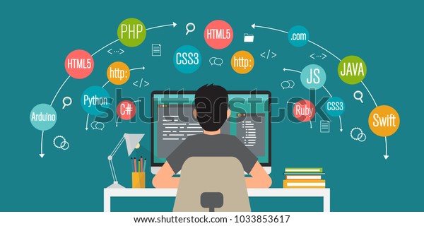programming banner, coding, best programming\
languages, flat illustration\
concept
