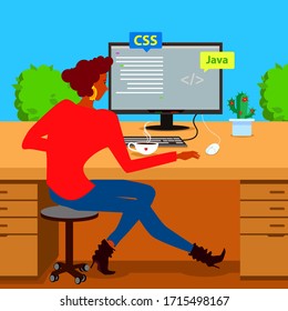 Programming banner, coding. Coffee mug on the table, cactus and house plants. Vector illustration.