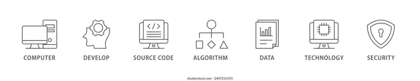 Programming banner web icon vector illustration concept with icon of computer, develop, source code, algorithm, data, technology and security