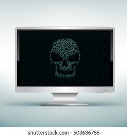 Programming blue code shows hacker skull on white computer monitor on light mesh background. Hacked computer