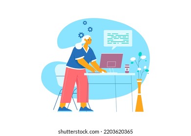 Programming blue concept with people scene in the flat cartoon design. Girl in the office is trying to fix the computer. Vector illustration.