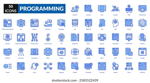 Programming blue icon collection set. Includes code, algorithm, software, development, logic, script, compiler, debug, syntax, function, variable, loop, database, framework, api