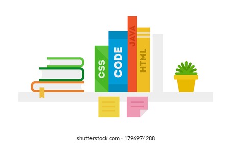 Programming books with text CSS, CODE, JAVA, HTML on the shelf vector illustration in a flat design.