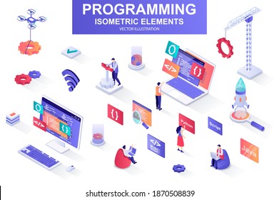 Programming bundle of isometric elements. Developer working, program languages, software engineering, full stack development isolated icons. Isometric vector illustration kit with people characters.