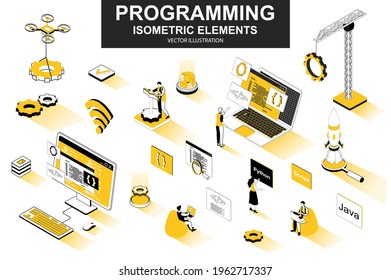 Programming bundle of isometric elements. Developer working, program languages, software engineering, full stack development isolated icons. Isometric vector illustration kit with people characters.