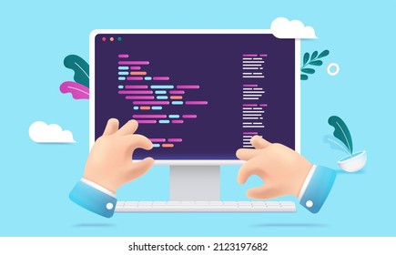 Programming cartoon vector illustration - Desktop computer screen with code language and hands working on keyboard.