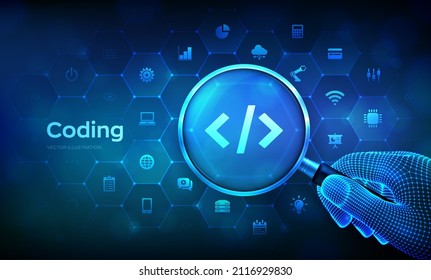 Programming code. Coding or Hacker concept with magnifier in wireframe hand and icons. Magnifying glass and programming code infographic. Future cyber technology. Vector illustration.