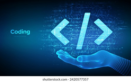 Programmiercode. Coding oder Hacker Schild. Programmieren von Code-Icon mit binärem Code in der Wireframe-Hand. Digitale Binärdaten und digitaler Code. Matrix-Hintergrund mit Ziffern 1.0. Vektorgrafik.