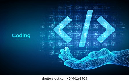 Código de programación. Codificación o signo de hacker. Icono de código de programación hecho con código binario en la mano del modelo de alambres. Datos binarios digitales y código digital. Matriz de fondo con dígitos 1.0. Ilustración vectorial.