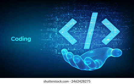 Programming code. Coding or Hacker sign. Programming code icon made with binary code in wireframe hand. Digital binary data and digital code. Matrix background with digits 1.0. Vector Illustration.