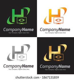 Programming code and computer monitor logo template. Coding school vector design. Computer science logotype