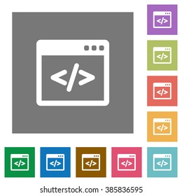 Programming code flat icon set on color square background.