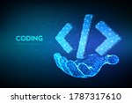 Programming code icon. 3D Low polygonal abstract programming code symbol in hand. Coding or Hacker background. Development and software concept. Vector Illustration.