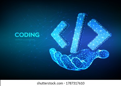 Programming code icon. 3D Low polygonal abstract programming code symbol in hand. Coding or Hacker background. Development and software concept. Vector Illustration.