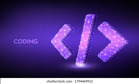 Programming Code Icon. 3D Low Polygonal Abstract Programming Code Symbol. Coding Or Hacker Background. Development And Software Concept. Vector Illustration.