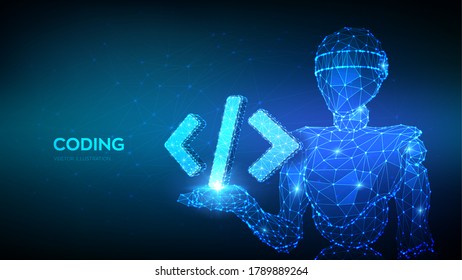 Programming code icon. Abstract 3d robot holding programming code symbol in hand. Coding or Hacker background. Automation software technology process system. Development concept. Vector Illustration.