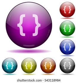 Programming code icons in color glass sphere buttons with shadows