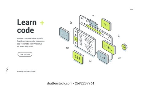 Programming code learning software development isometric web banner design template vector illustration. Program coding automation digital technology engineering network script algorithm studying