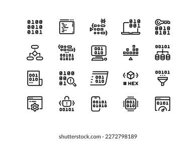 Programming code line icons. Binary hex and machine code compiling and running, software and operating system development. Vector editable stroke collection of application algorithm illustration