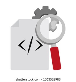 programming code and magnifying glass and gears symbols