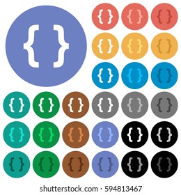 Programming code multi colored flat icons on round backgrounds. Included white, light and dark icon variations for hover and active status effects, and bonus shades on black backgounds.