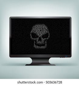 Programming code shows hacker skull with red eyes on black computer monitor on light mesh background. The computer was hacked