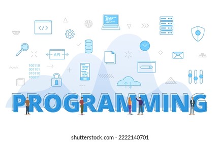 programming code software development campaign concept with big words and people surrounded by related icon spreading with modern blue color style